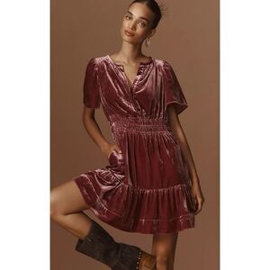 Anthropologie Somerset Mini Dress Velvet Mauve Womens XXS Pockets Smocked NWT